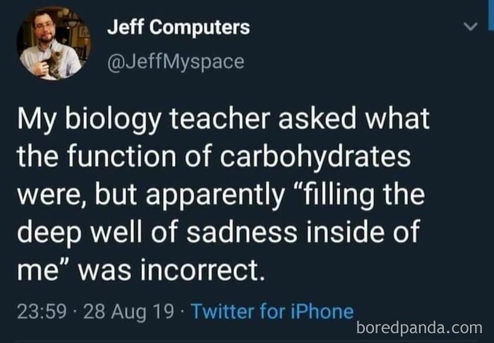 A funny meme about a biology teacher asking about carbohydrates, a relatable science joke.