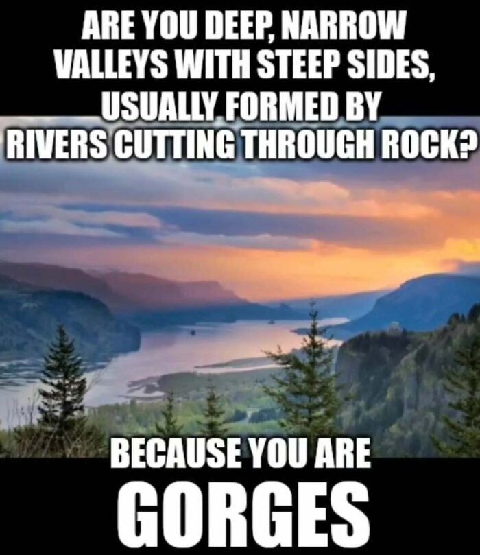 Funny science meme with a pun about deep, narrow valleys and steep sides, playing on the word gorges.