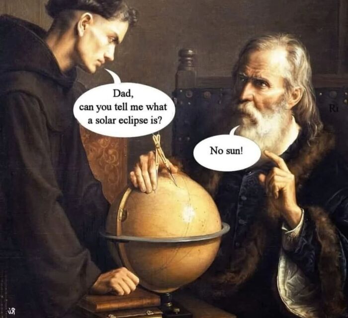 A funny science meme painting of a man asking about a solar eclipse, with an old man holding a globe.
