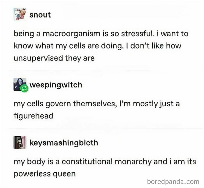 Funny memes about science: a humorous text exchange discussing cells as unsupervised or a constitutional monarchy.