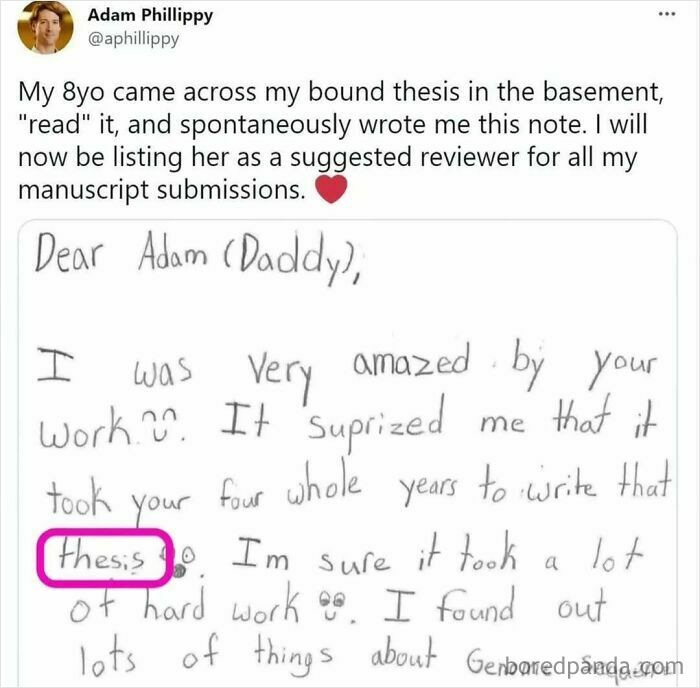 A funny meme showing a childs note to their dad about his science thesis, highlighting the word thesis.