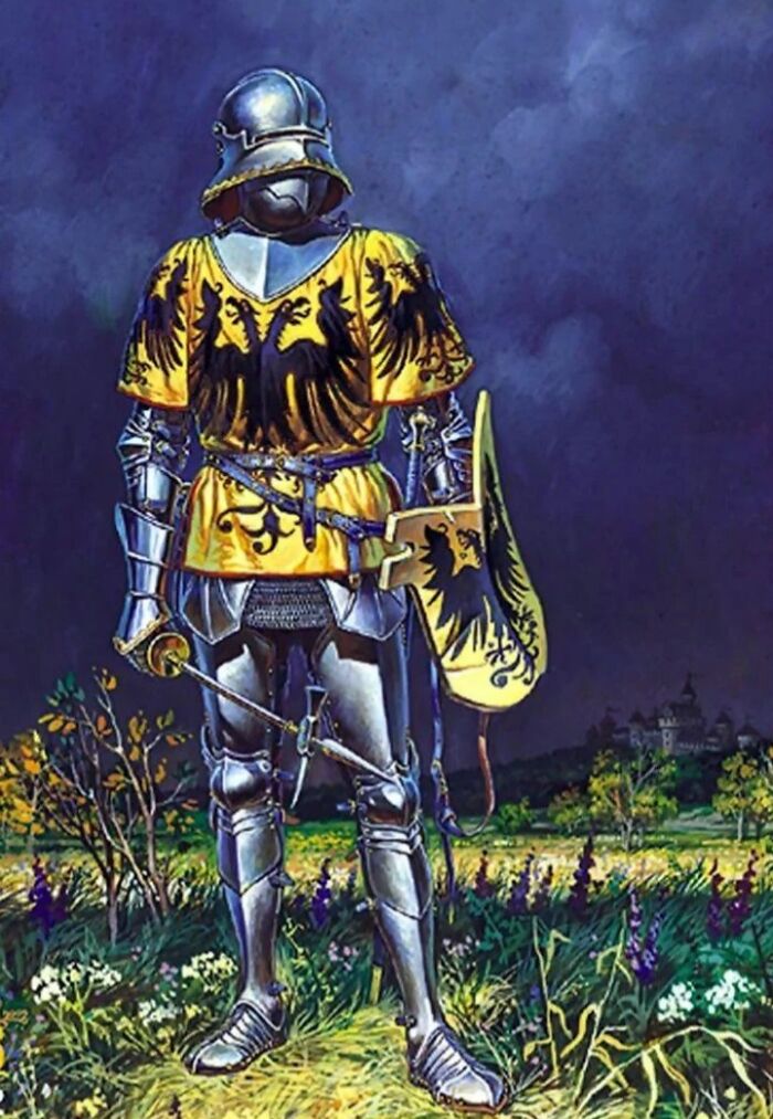 An illustration of a knight in full armor with a sword and shield, representing human history in the Middle Ages.