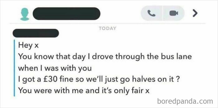 A text message exchange showing a cheap friend asking to split a £30 fine for driving in a bus lane.