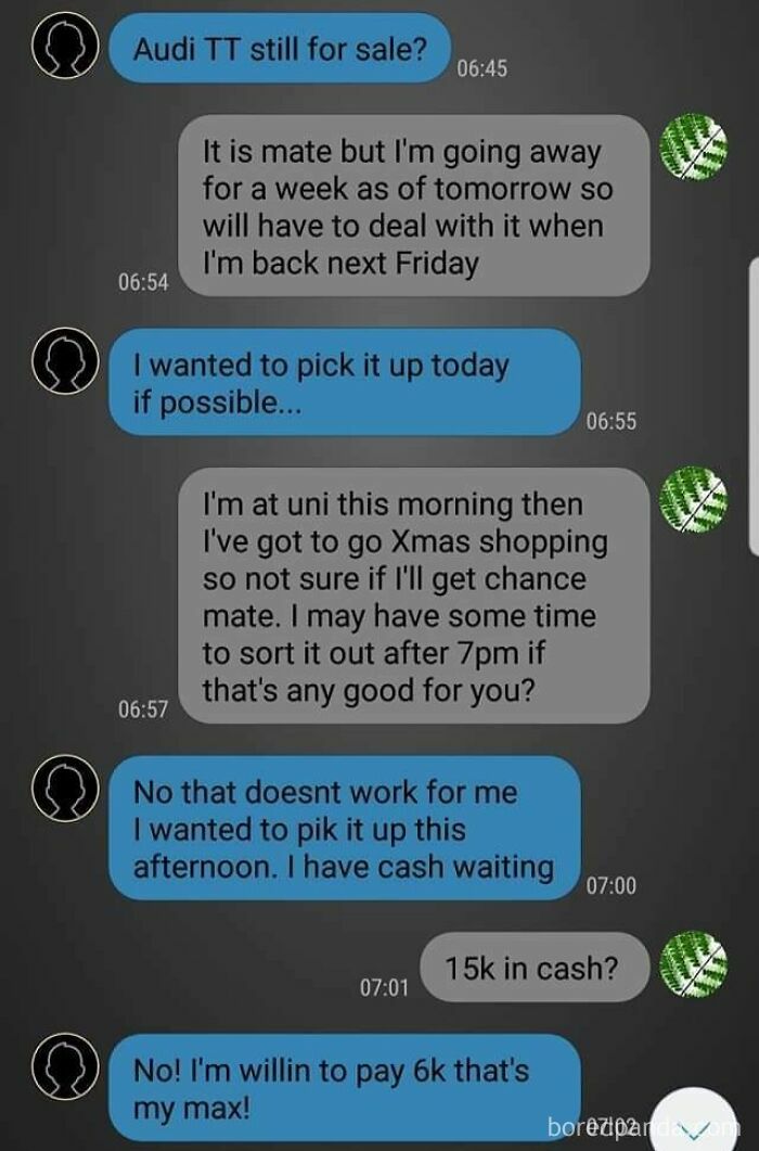 A screenshot of a text exchange where a choosing beggar tries to lowball the price of an Audi TT.