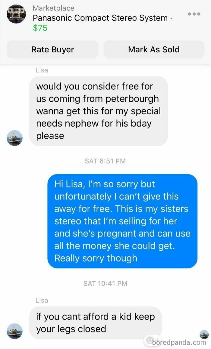 A screenshot of a conversation with a choosing beggar, demanding a free stereo for her nephew's birthday.