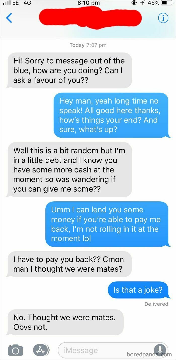 A screenshot of a conversation with a choosing beggar friend asking for money, but doesnt want to pay it back.