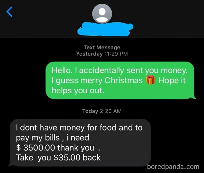 A text message exchange where a choosing beggar tries to exploit a money transfer from cheap friends.