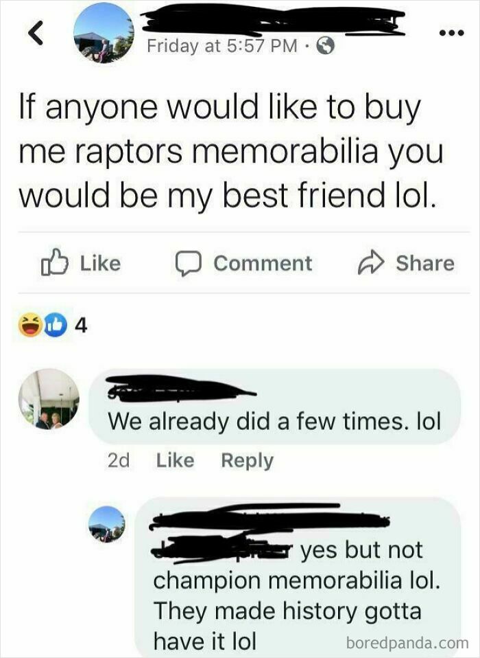 A Facebook post showing a choosing beggar asking for Raptors memorabilia and being called out by cheap friends.
