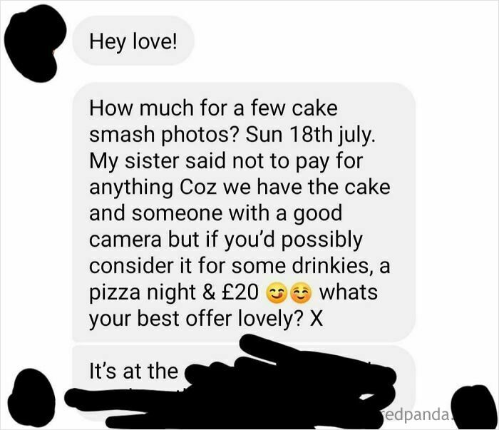 A message from a cheap friend asking for free cake smash photos in exchange for drinks, pizza, and £20.
