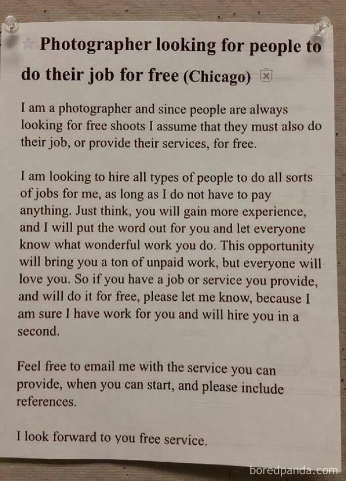 A flyer showing a photographer looking for cheap friends to do their job for free in Chicago.