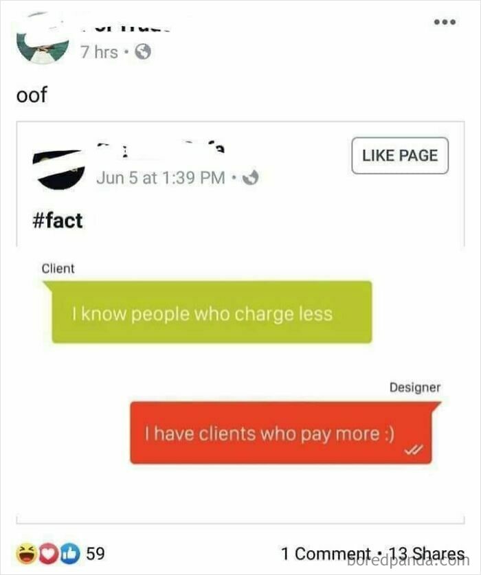A text message exchange where a client is a choosing beggar and claims others charge less for design work.