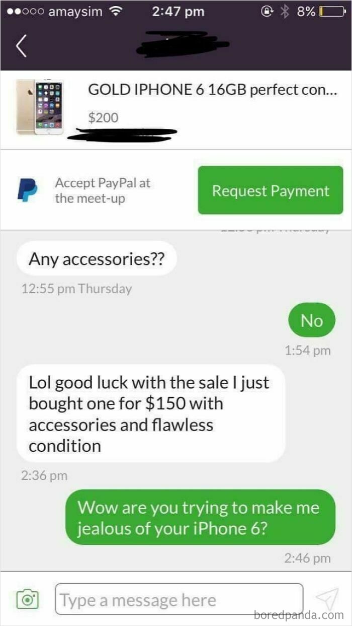 A text message exchange revealing a choosing beggar trying to get a discount on an iPhone 6 by claiming a better deal.