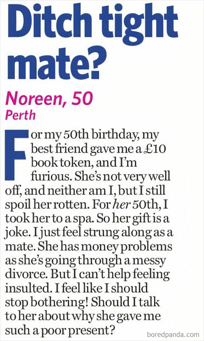 An article about a woman with cheap friends, discussing a choosing beggar friend who gave a poor birthday gift.