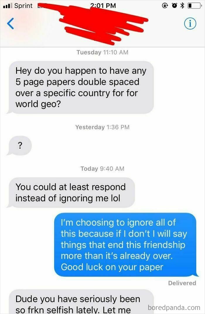 A text message conversation showing choosing beggar antics, where a friend asks for papers and gets ignored.