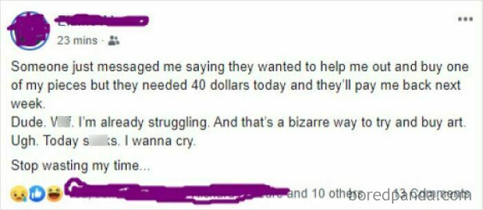 A screenshot of a Facebook post detailing cheap friends and choosing beggar antics, where someone asked for money.