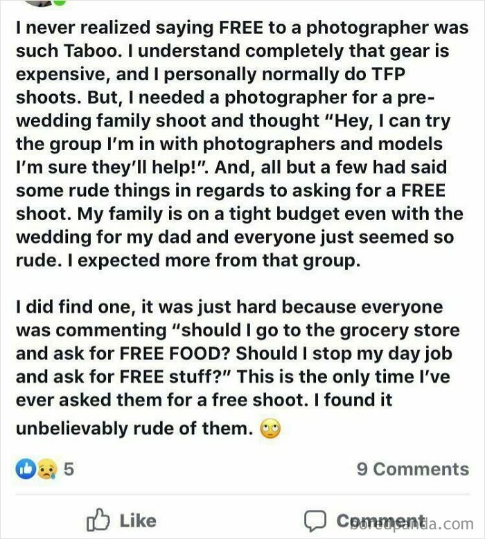 A post from a photographer encountering choosing beggar antics, with someone asking for a free shoot.