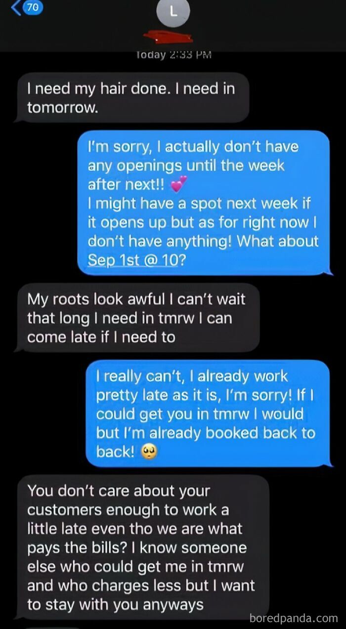 A text message exchange with a cheap friend acting as a choosing beggar, demanding hair service immediately.