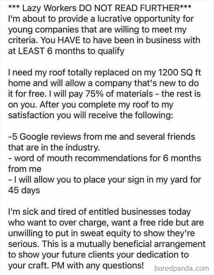 A post seeking cheap roof replacement for free, epitomizing choosing beggar entitlement.