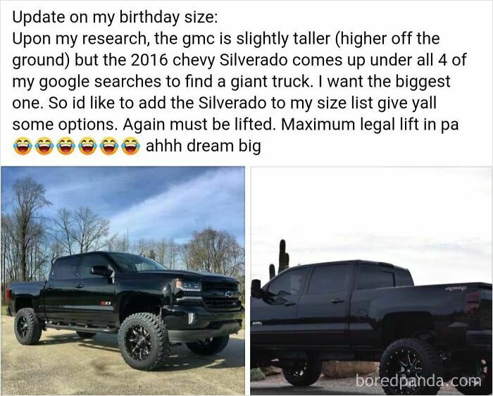 A split image of two large, lifted black trucks, one a Chevy Silverado, illustrating choices for cheap friends.