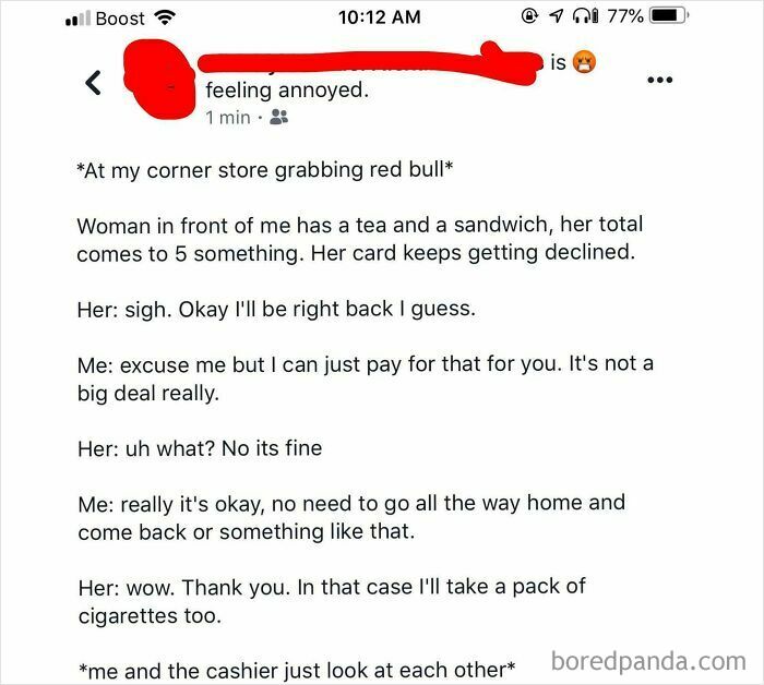 A social media post detailing a choosing beggar asking for cigarettes after someone paid for her items, ending in a reality check.