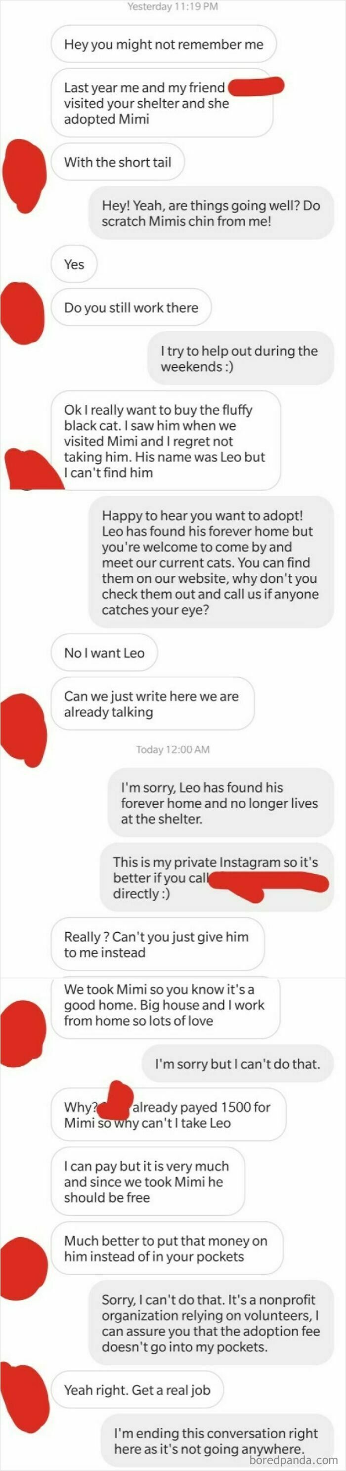 A screenshot of a text conversation showing a choosing beggar asking for a free cat, ending in a reality check.