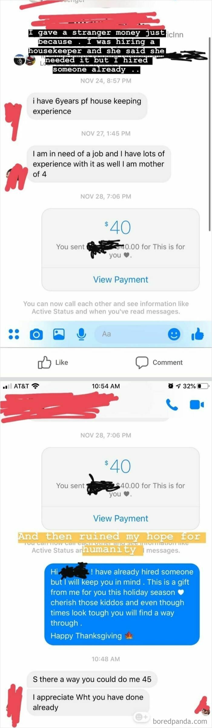A text conversation showing a choosing beggar friend asking for more money after already receiving $40, ending in a reality check.