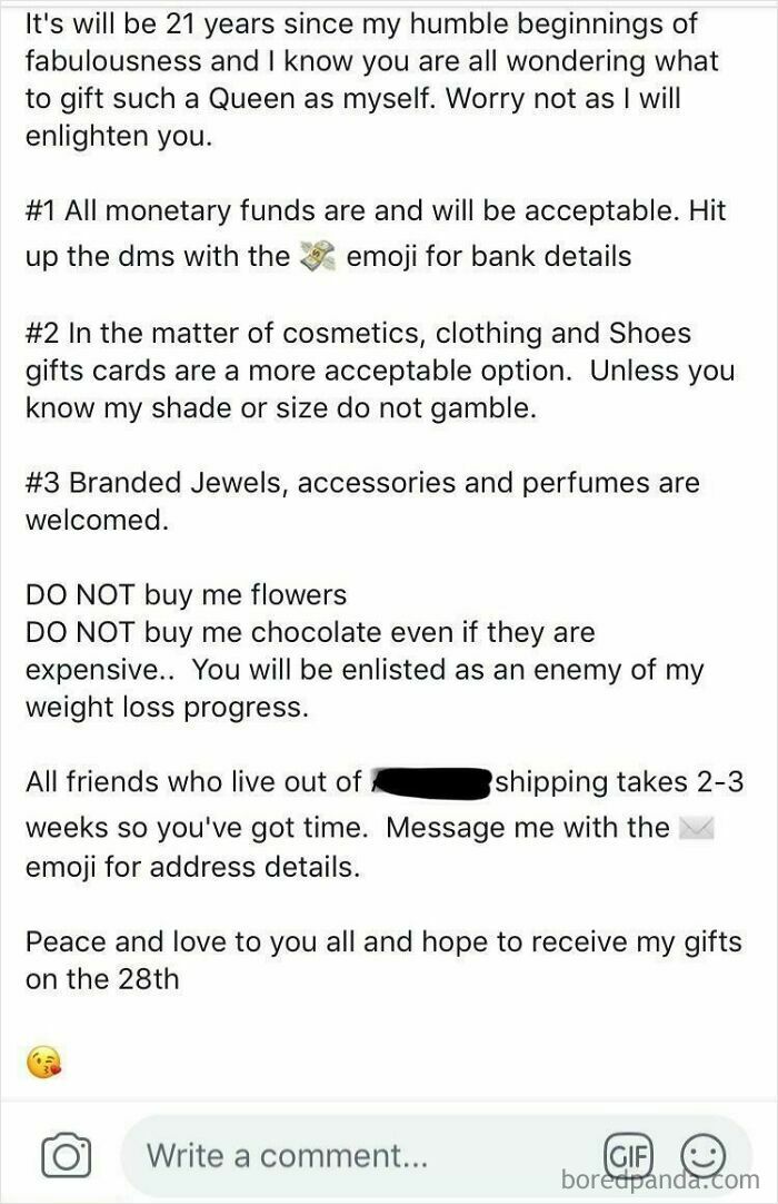 A social media post with a long list of gift demands, including monetary funds and branded jewels, from a choosing beggar friend.
