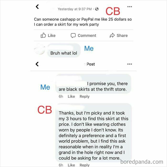 A screenshot showing a conversation about cheap friends asking for money for a skirt for a work party.