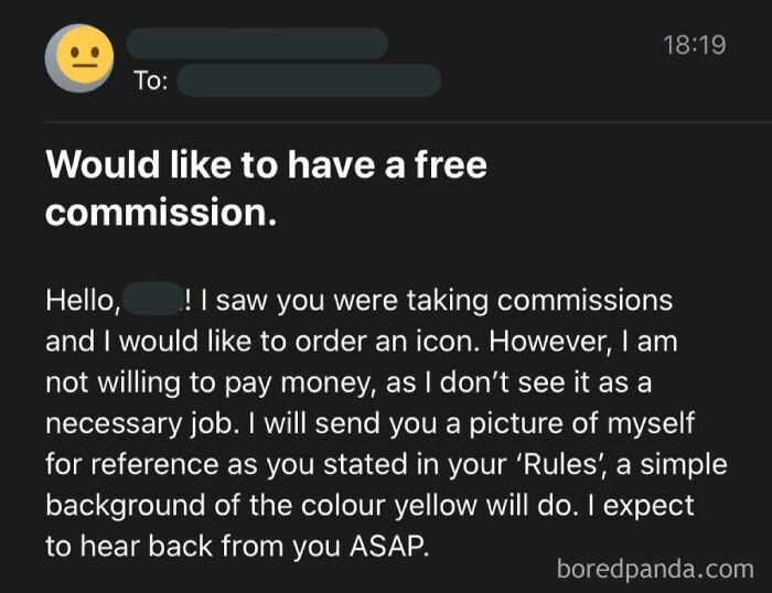 An email from a choosing beggar requesting a free commission for an icon, refusing to pay money.