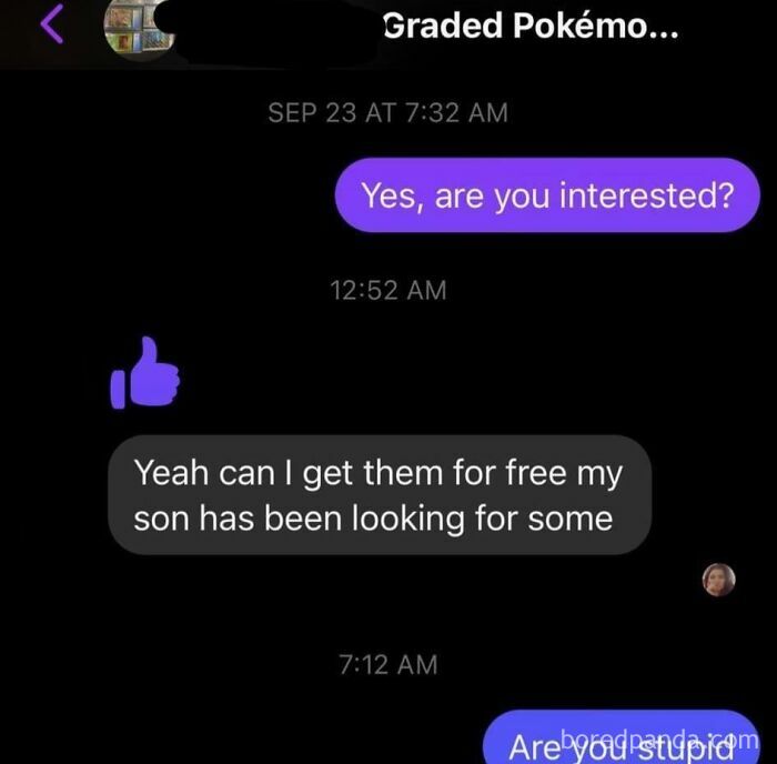 A text message exchange showing a choosing beggar asking for free graded Pokémon cards for their son.