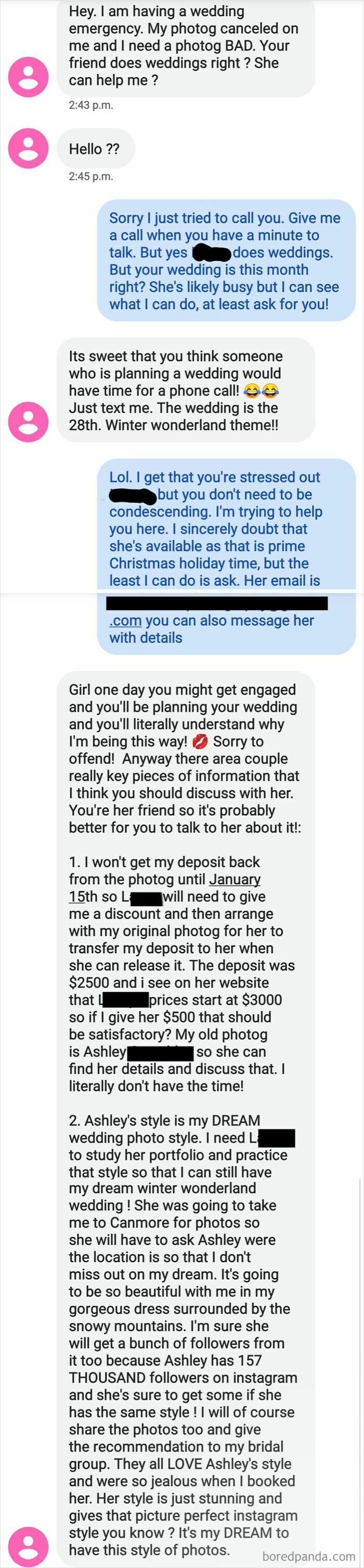 A long chat about cheap wedding photos, illustrating the choosing beggar antics of a friend.