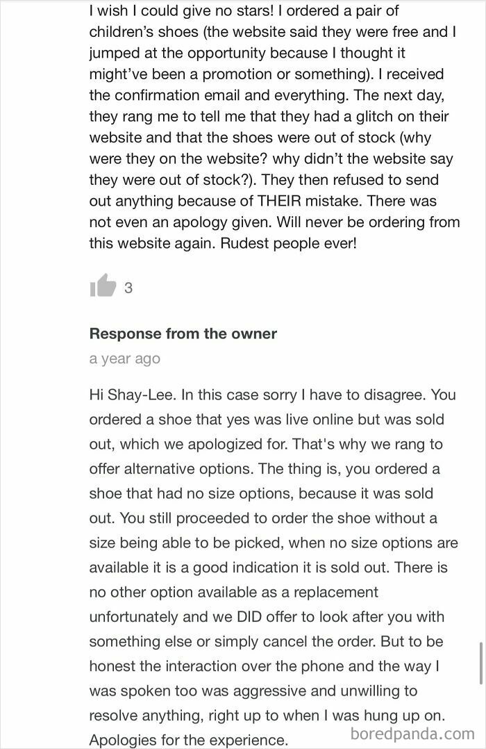 Customer complaint and owner response about cheap shoes, revealing choosing beggar tactics.