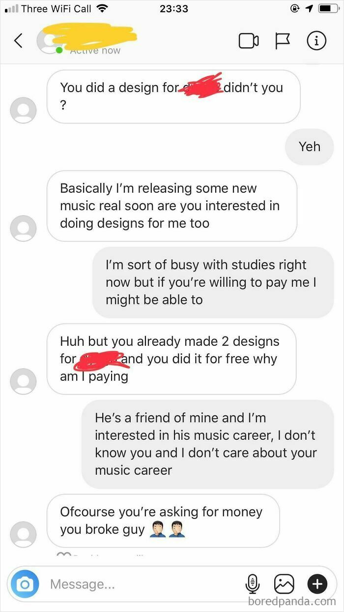 A chat between cheap friends discussing paying for designs, highlighting choosing beggar antics.