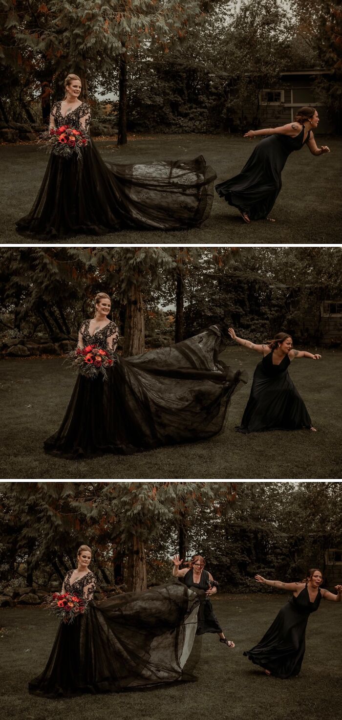 Funny wedding photos featuring a bride in a black dress and a guest playfully posing with the train.