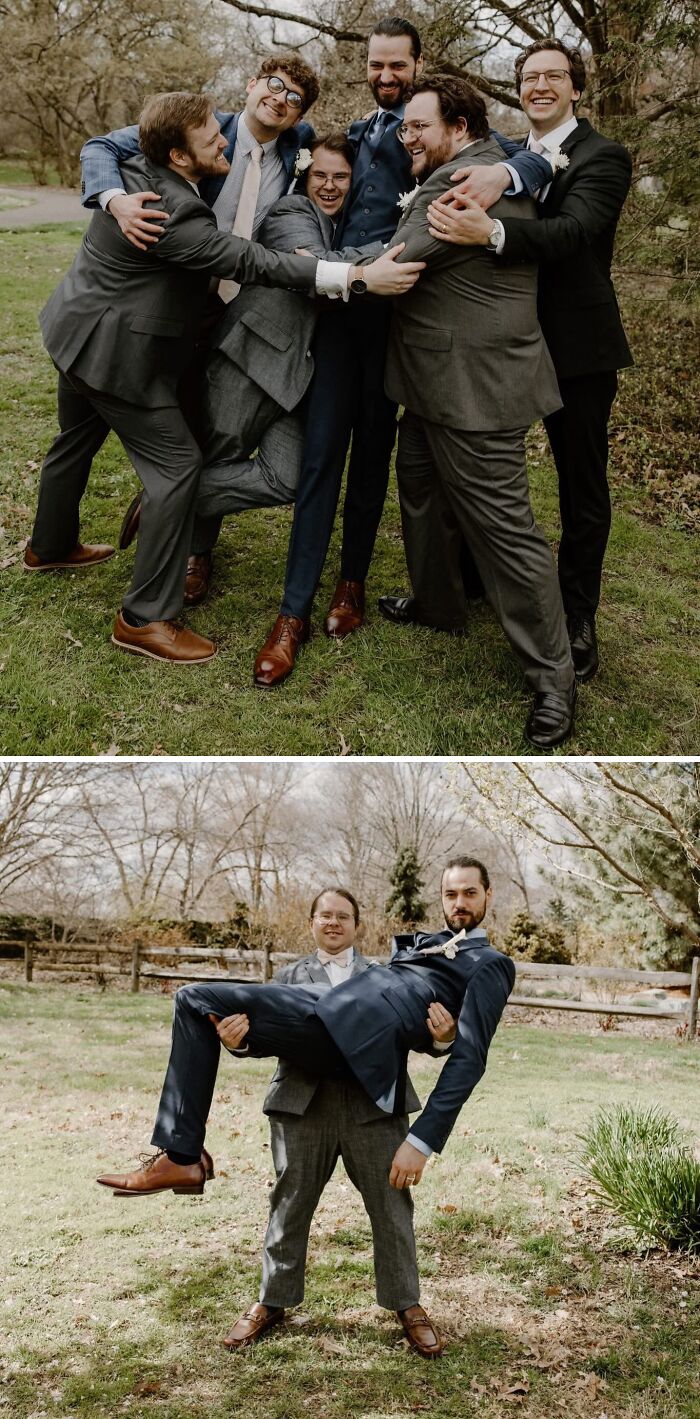 Two funny wedding photos: one of groomsmen in a group hug, and another of one groomsman carrying another.