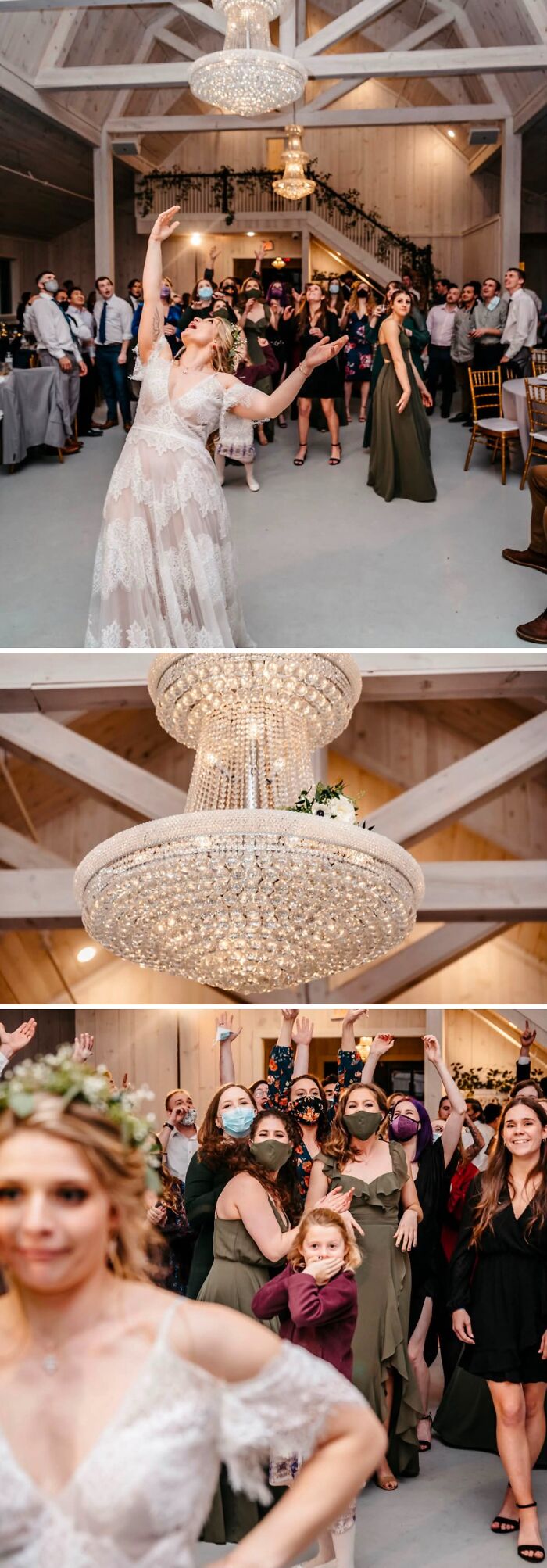 Funny wedding photos: Bride tossing her bouquet, while guests with masks watch in anticipation for the iconic moment.