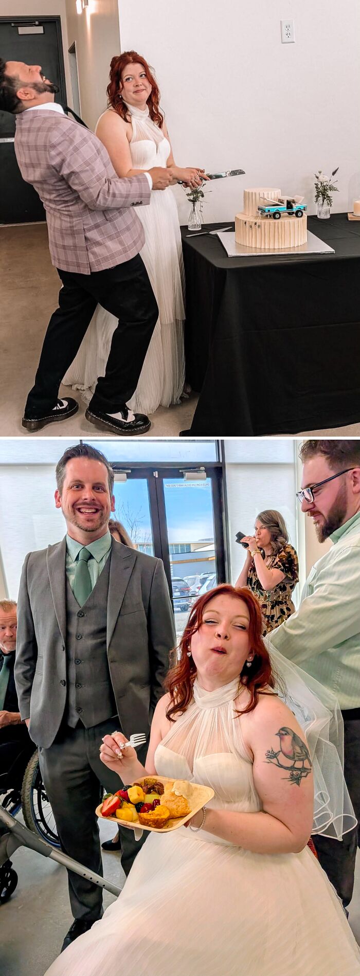 Groom playfully leans back as he and bride cut the cake, capturing iconic wedding moments.