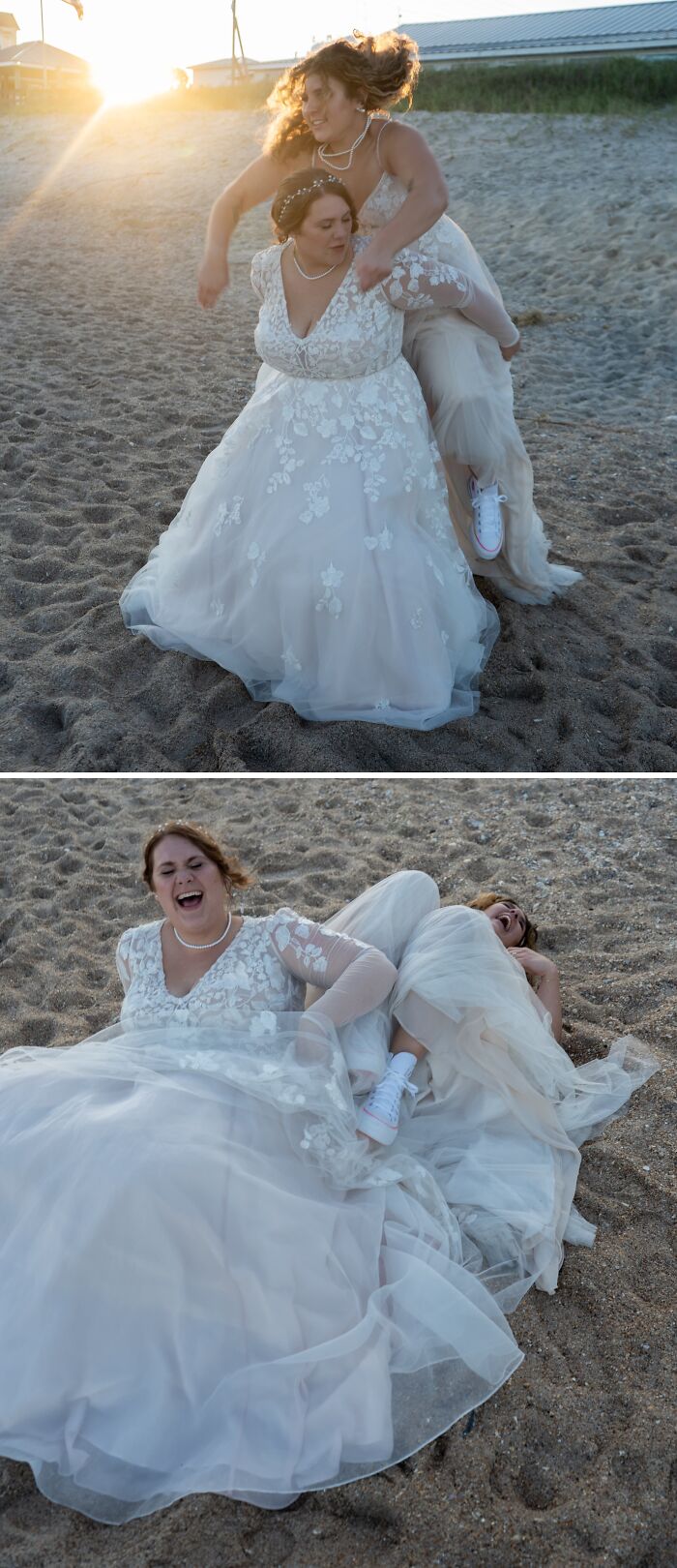 Funny wedding photos: Two brides in wedding dresses playfully tumbling in the sand, creating iconic memories.