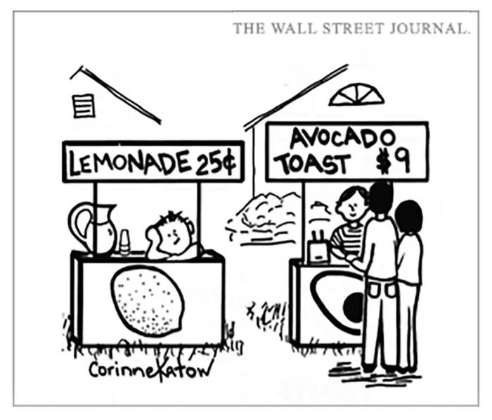 A Corinne Katow single-panel cartoon contrasts a 25-cent lemonade stand with a $9 avocado toast stand.