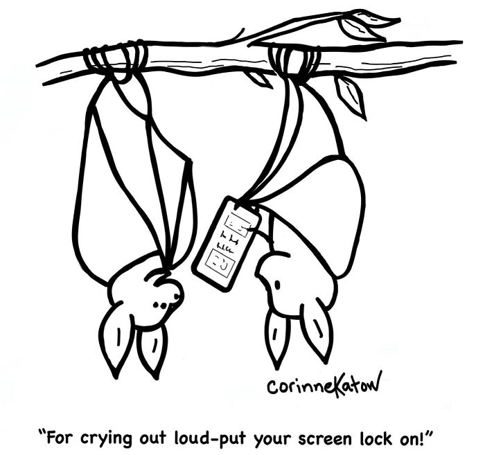 A Corinne Katow single-panel cartoon features two bats hanging upside down, with one showing the other a phone screen.