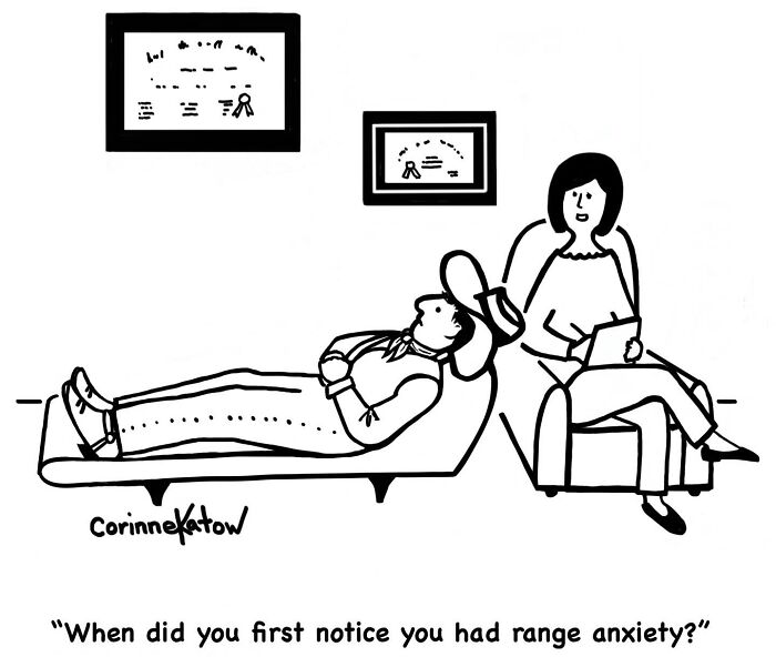 A Corinne Katow single-panel cartoon illustrates a cowboy on a therapy couch discussing range anxiety, a brilliant joke.
