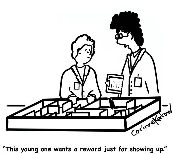A Corinne Katow single-panel cartoon shows a scientist with a mouse in a maze talking to a colleague about rewards.