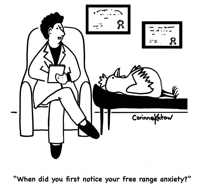 Corinne Katow single-panel cartoon shows a therapist with a chicken patient on a couch asking about free-range anxiety.