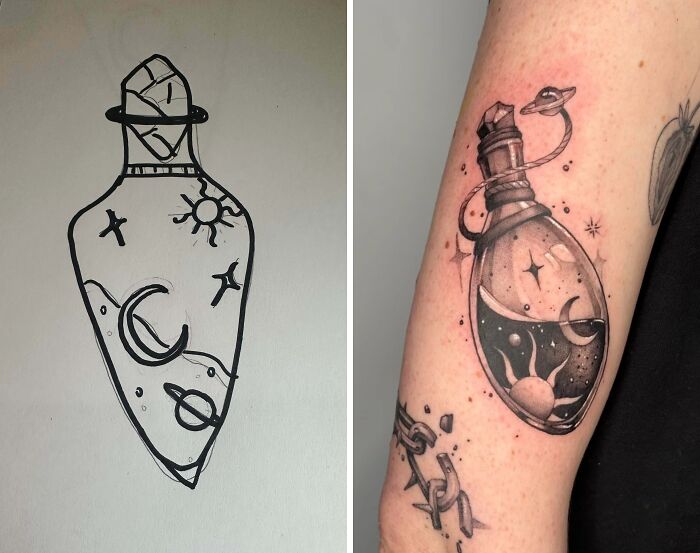 Before and after a stunning tattoo of a cosmic potion bottle with a sun and moon, symbolizing new tattoos.