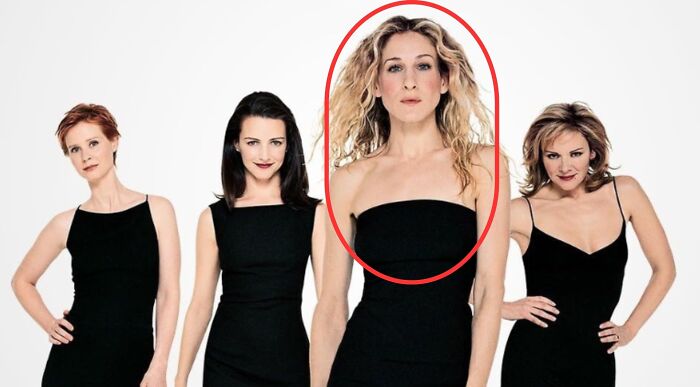 Carrie Bradshaw, circled in red, with her three TV show character friends, all in black dresses.