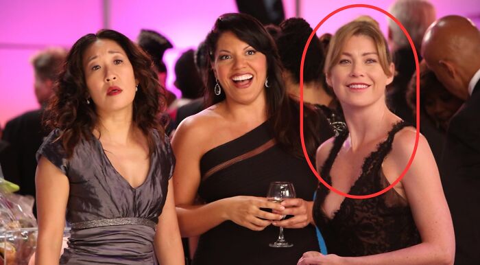 The TV show character Meredith Grey smiles, circled in red, alongside two women at a formal event, guessing her occupation.