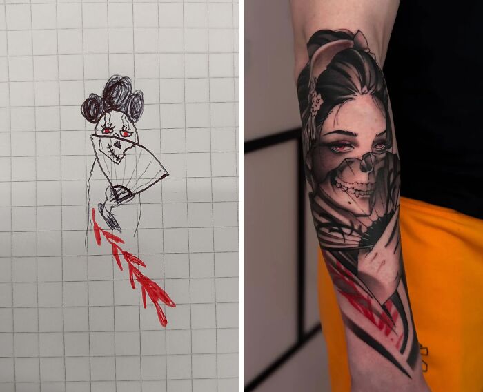 A comparison of a rough sketch and the final intricate tattoo of a woman with a fan, revealing a skull. The stunning tattoo is permanent.