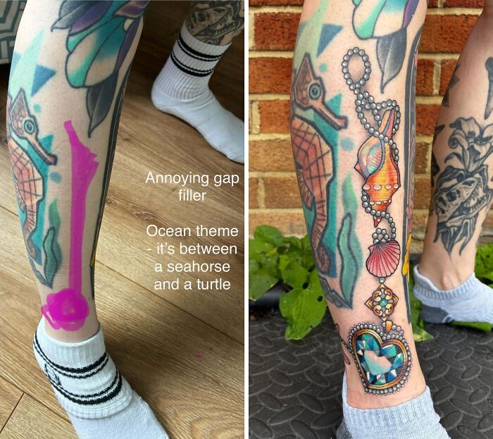 Before and after images of a leg, with a new stunning tattoo filling a gap between existing ocean-themed tattoos.