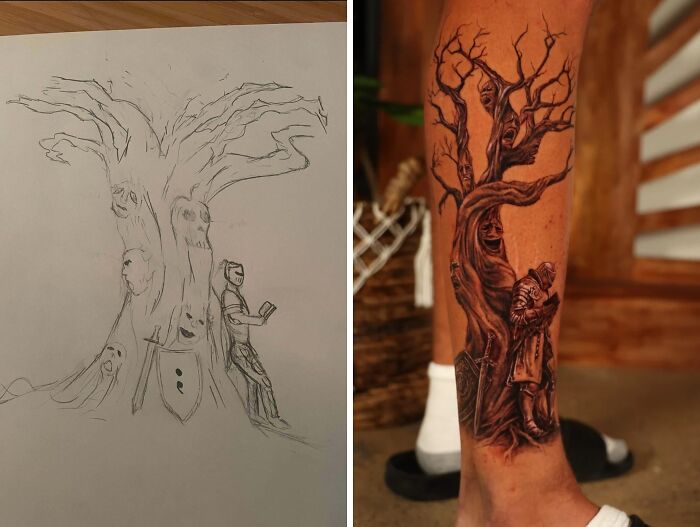 Side-by-side view of a detailed pencil sketch and the resulting full-leg tattoo of a gnarled tree with faces and a knight.