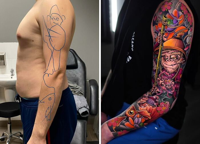 Arm tattoo progression from a simple outline to a full-sleeve, vibrant design with a monkey, fish, and flowers.